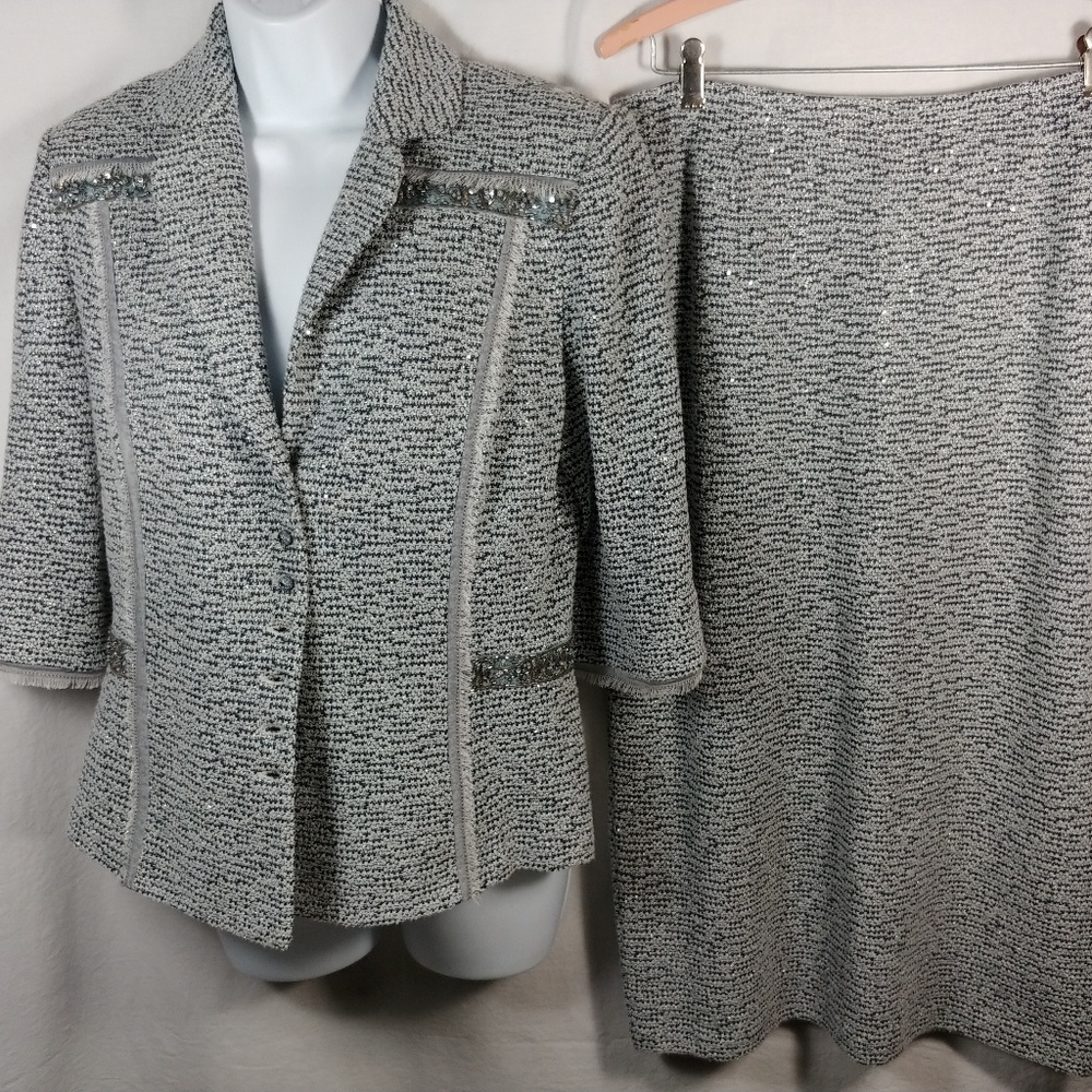 St. John Evening gray black metallic jacket skirt